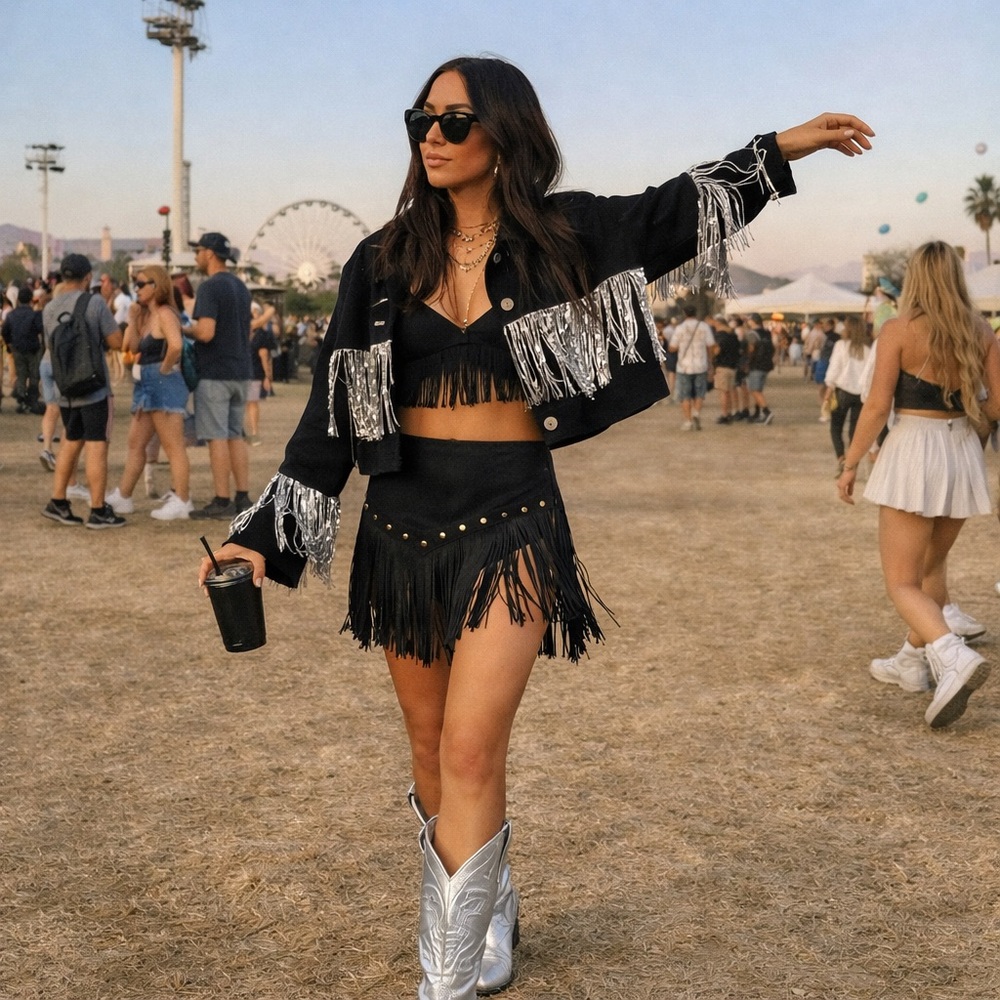 Vegan suede fringe mini skirt studded black gold western tassel